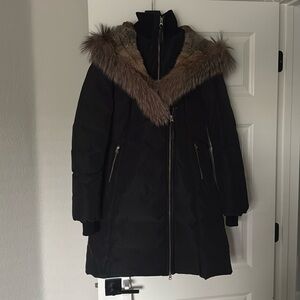 Mackage Black Down Coat with Fur Trim Hood | Small